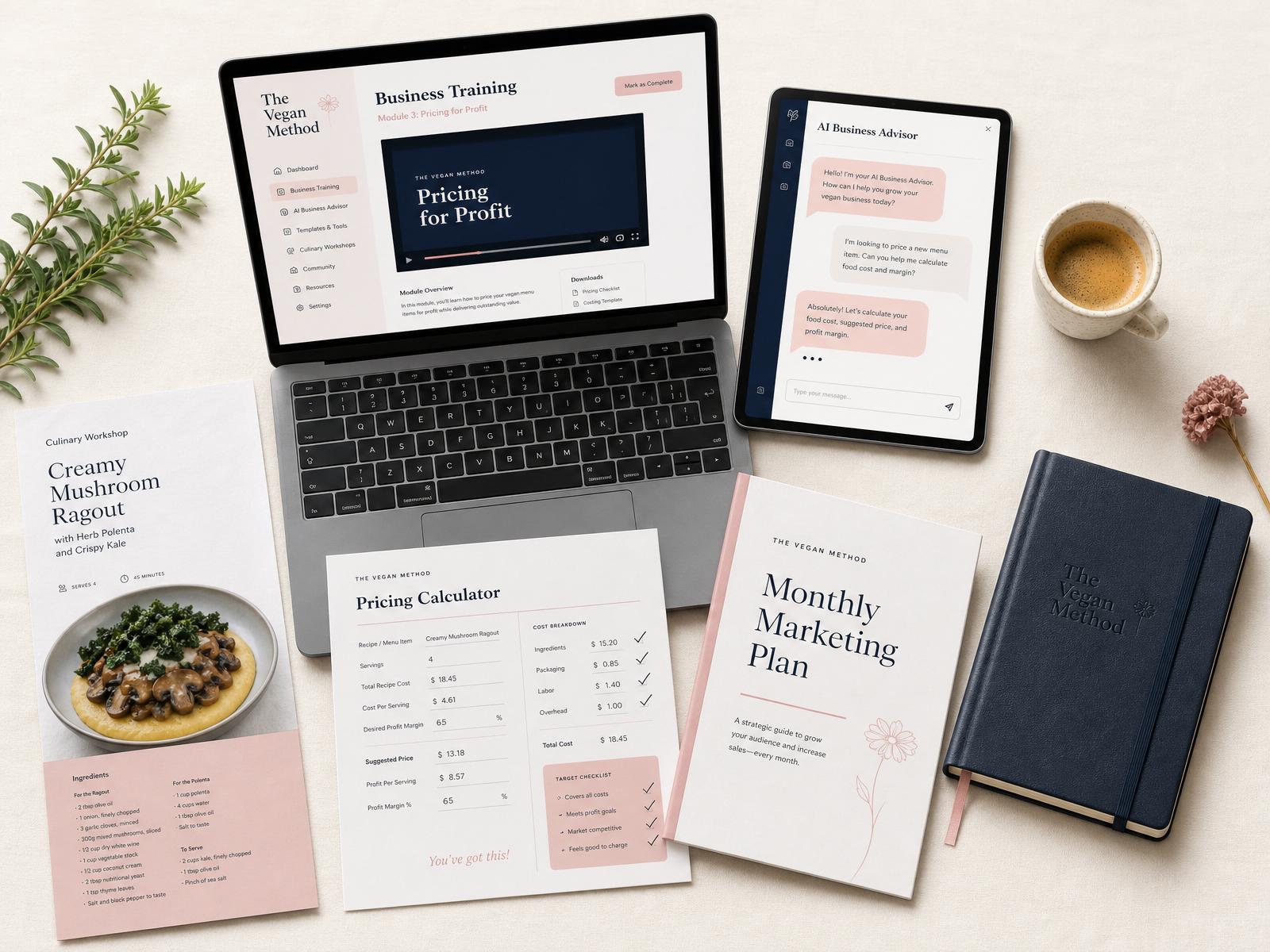 The Vegan Method platform — business lessons, workshops, worksheets, and the AI Business Advisor